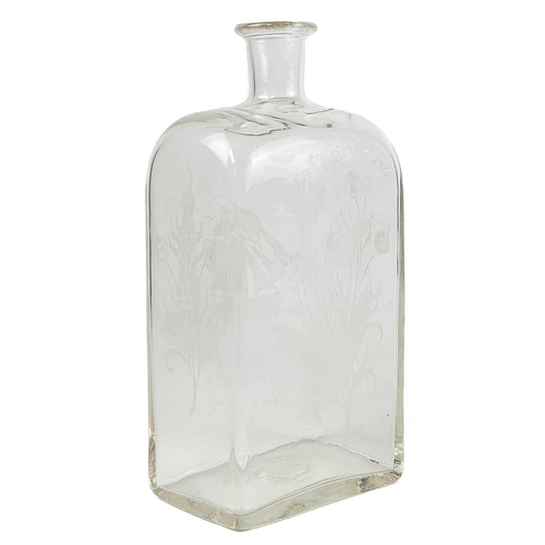 440 - A 19th century Dutch glass flask. Blown and moulded with an engraved sailing ship, height 19cm, toge... 