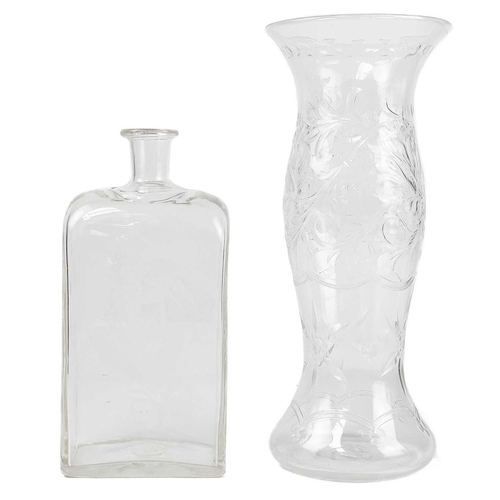 440 - A 19th century Dutch glass flask. Blown and moulded with an engraved sailing ship, height 19cm, toge... 