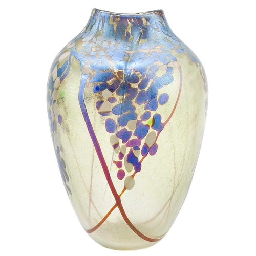 443 - Norman Stuart Clarke glass vase. Japanese Plum Tree pattern, height 17cm.