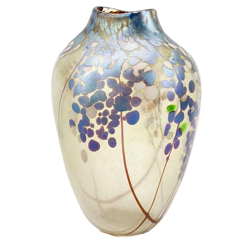 443 - Norman Stuart Clarke glass vase. Japanese Plum Tree pattern, height 17cm.