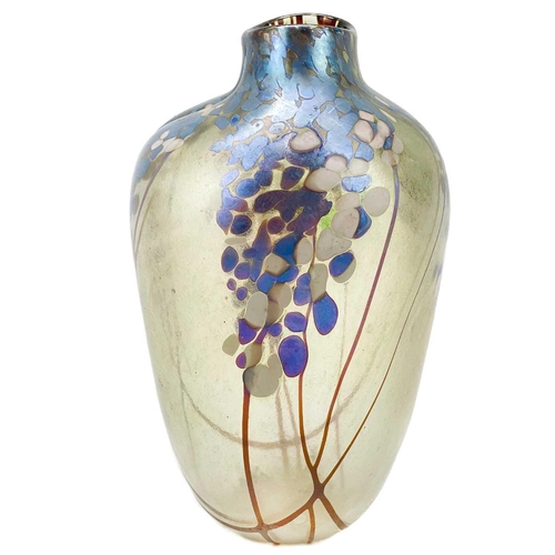 443 - Norman Stuart Clarke glass vase. Japanese Plum Tree pattern, height 17cm.