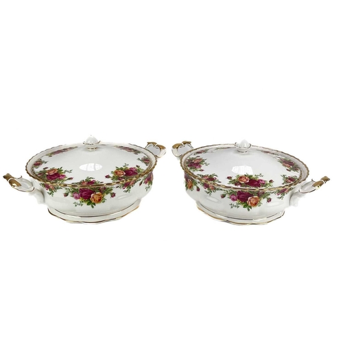 449 - A Royal Albert Old Country Roses part service. Comprising: Two twin handled circular tureens, sauceb... 