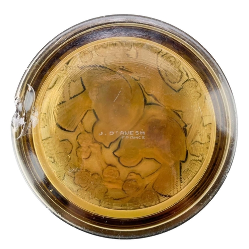 458 - A J. D'Avsen French Art Deco glass circular box and cover. Moulded with two birds and prunus blossom... 