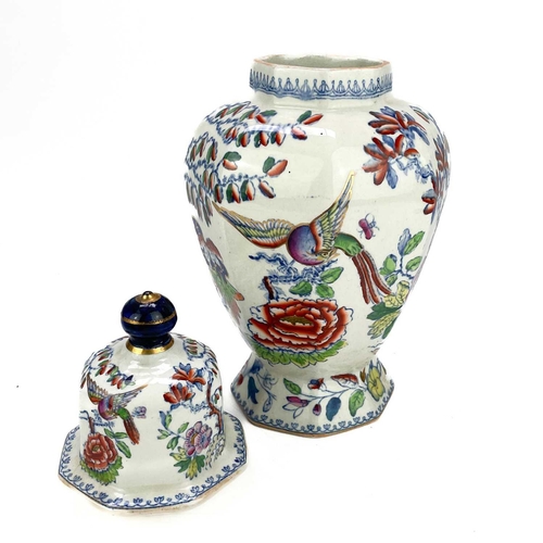 465 - A Mason's Ironstone octagonal baluster vase and cover. 19th century, printed and coloured with a phe... 