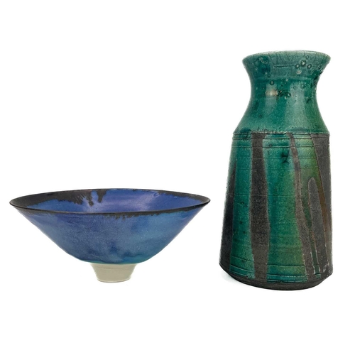 492 - A large Studio pottery vase. Unmarked, height 37cm, together with a Raku glaze vase and bowl. (3)