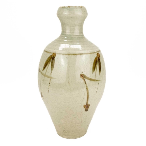 492 - A large Studio pottery vase. Unmarked, height 37cm, together with a Raku glaze vase and bowl. (3)