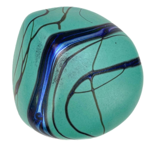 493 - Siddy Langley iridescent glass paperweight. Of pebble form signed and dated 2002 to the base. irregu... 