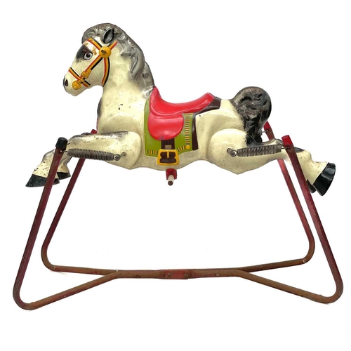 51 - A Mobo child's tin rocking horse. With sprung action and tubular frame, height 89cm, length 97cm.