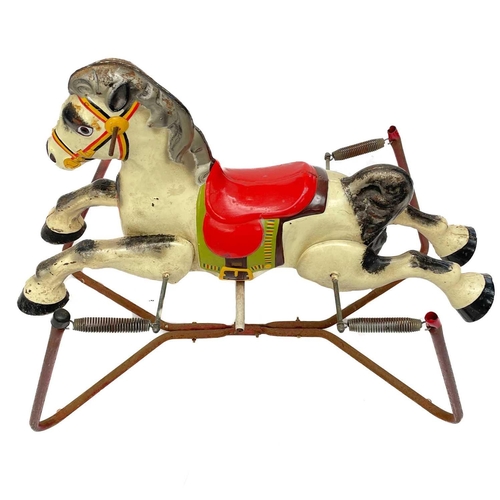 51 - A Mobo child's tin rocking horse. With sprung action and tubular frame, height 89cm, length 97cm.