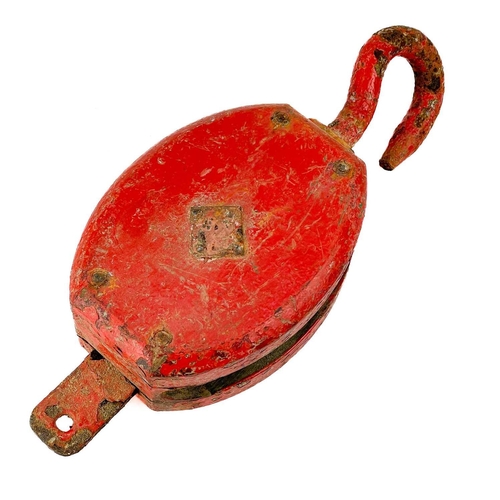 52 - A red painted ship's block and hook. Height 40cm.