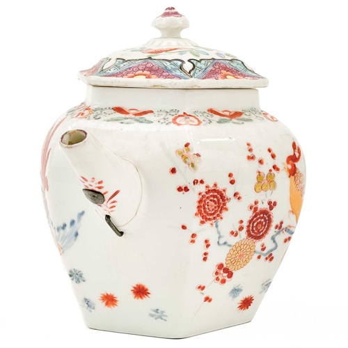 523 - A Chelsea porcelain hexagonal teapot in the Kakiemon palette 1750-3. With associated lid, height 12.... 