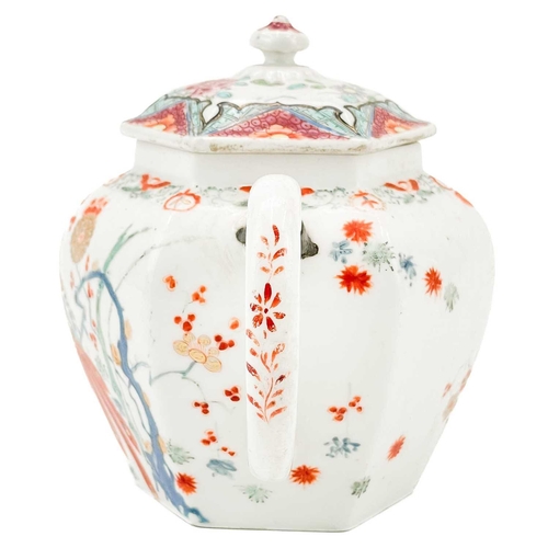 523 - A Chelsea porcelain hexagonal teapot in the Kakiemon palette 1750-3. With associated lid, height 12.... 