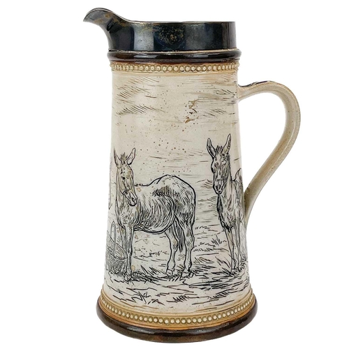 524 - A Doulton Lambeth stoneware lemonade jug by Hannah Barlow. Incised with donkeys and a basket in a la... 