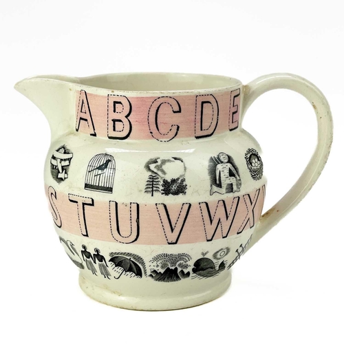 528 - A Wedgwood alphabet jug, by Eric Ravilious. Decorated with bands of pink, height 10.5cm. There is a ... 