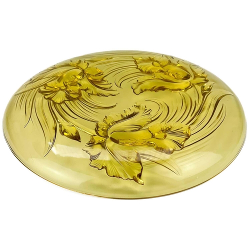 541 - A French Verlys Art Deco amber glass dish Moulded with three iris, raised mark, diameter 36cm. There... 