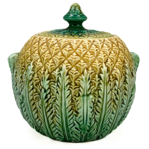 542 - A Victorian Majolica pineapple sugar bowl and cover. Height 12cm, together with a Victorian flow blu... 