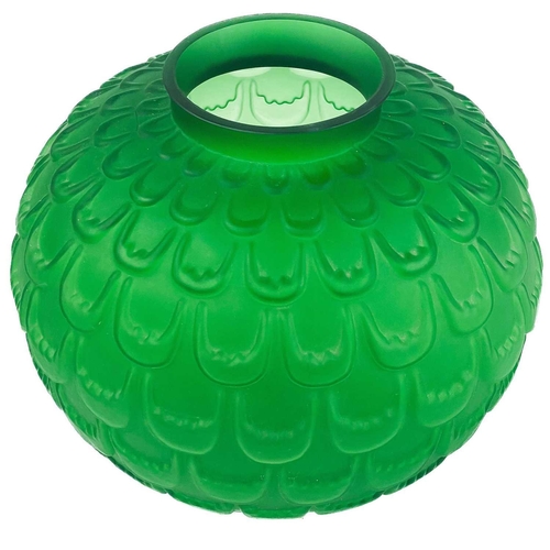 547 - An Art glass green lotus flower spherical vase. 1930s, moulded with repeated rows of stylised flower... 