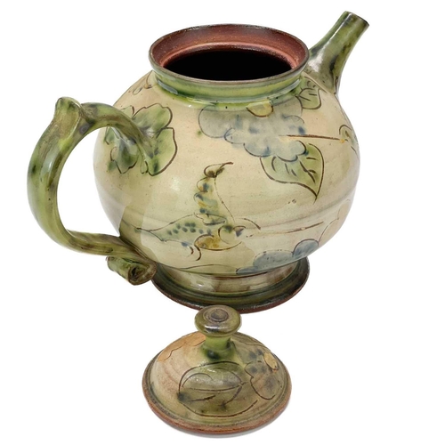 553 - Paul Jackson (1954) Ceramic teapot and cover decorated with flowers and hummingbirds, signed to base... 