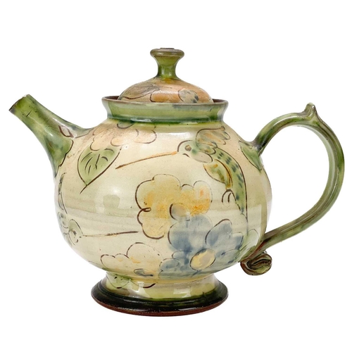 553 - Paul Jackson (1954) Ceramic teapot and cover decorated with flowers and hummingbirds, signed to base... 