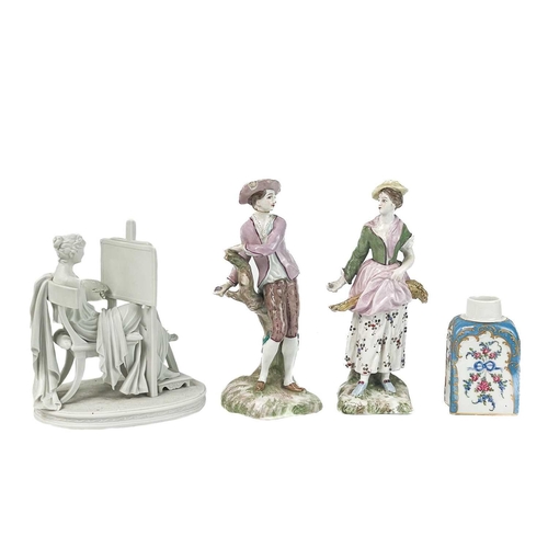 579 - A Sevres style biscuit figure group. Emblematic of art, height 17cm, together with a pair of porcela... 