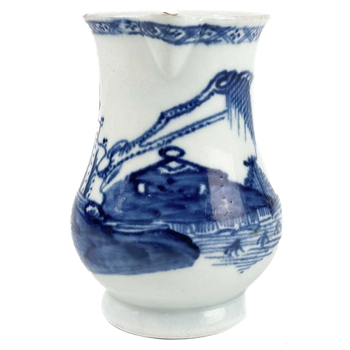 594 - An Early Liverpool porcelain sparrow beak jug. Possibly Chaffers, circa 1765, painted with a Chinois... 