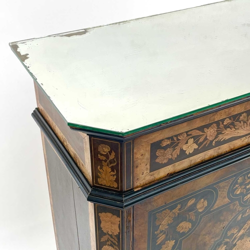 627 - An Italian walnut, ebonised and marquetry side cabinet. 19th century, with a later mirrored top abov... 