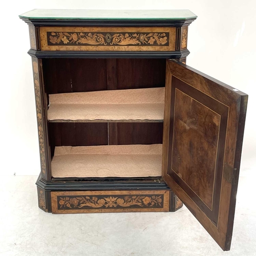 627 - An Italian walnut, ebonised and marquetry side cabinet. 19th century, with a later mirrored top abov... 