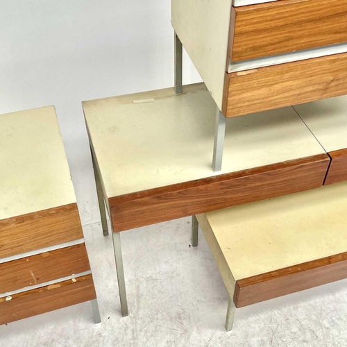 649 - A mid-century teak, painted aluminium and laminate part bedroom suite. Comprising a dressing table, ... 