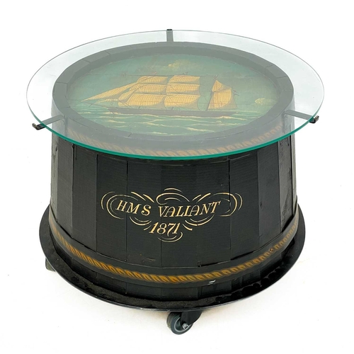 65 - A repurposed painted barrel top maritime coffee table. With glass top on castor wheels, height 38cm ... 