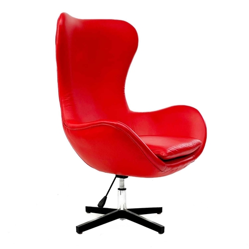 663 - After Arne Jacobsen swivel egg chair. In red leather, height 120cm width 82cm.