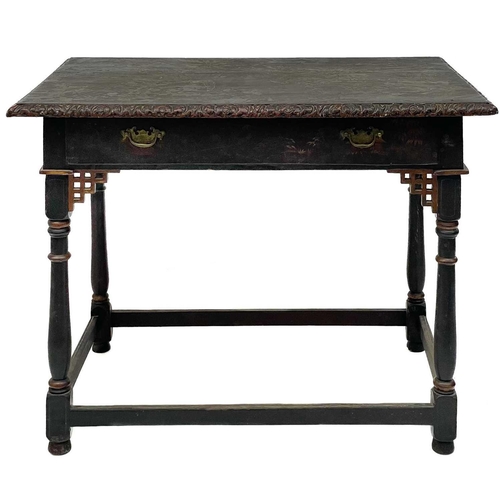 667 - A lacquered table in the Chinoiserie taste. 19th century, the top decorated with gilt ho ho birds ab... 