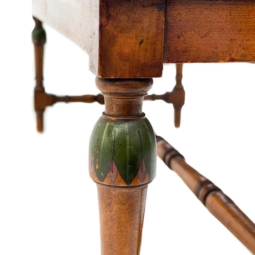 673 - A Howard & Sons cane top walnut stool. In the Sheraton taste, the turned legs with leaf painted capi... 