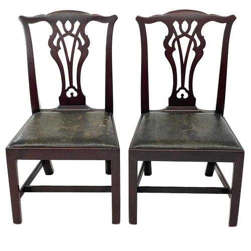 684 - A set of six 19th century mahogany dining chairs. With pierced black splats lift out leather seats o... 