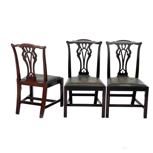 684 - A set of six 19th century mahogany dining chairs. With pierced black splats lift out leather seats o... 