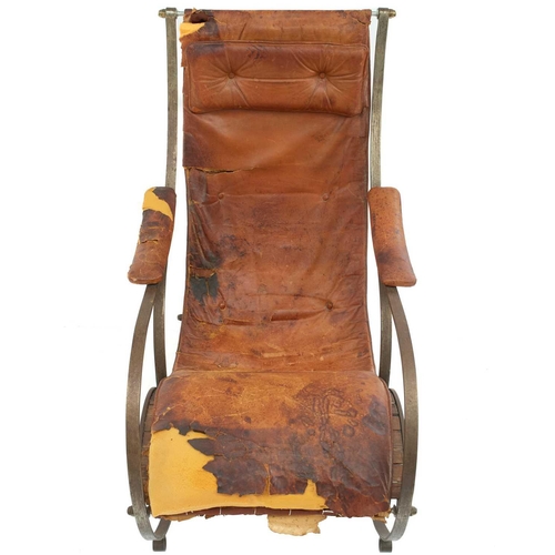 687 - A campaign rocking chair possibly manufactured by R W Winfield Strip steel frame with distressed lea... 