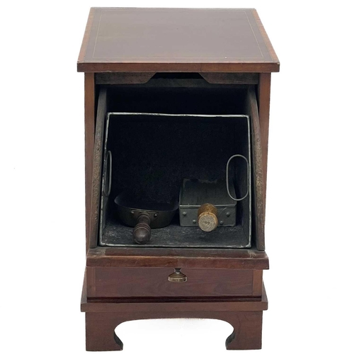 693 - An Edwardian mahogany and satinwood banded coal purdonium. With a galvanised liner and two shovels, ... 