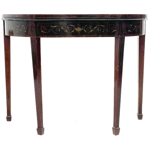 708 - A George III mahogany and inlaid half round fold top card table. In the Adams taste, with neo-classi... 