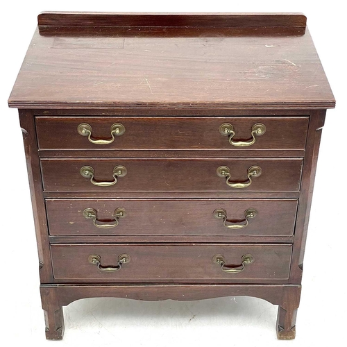 712 - A mahogany small chest of drawers. 20th century, with gallery back, fitted four drawers, on unusual ... 