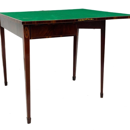 716 - A 19th century mahogany card table. The crossbanded fold over top opens to a green baize surface the... 