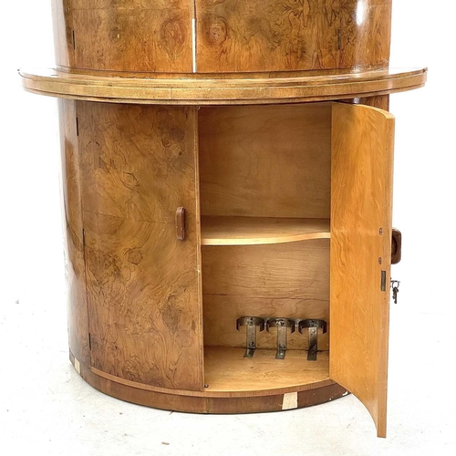 732 - An Art Deco walnut cocktail cabinet by G & F Gold Feather products. Of D shape, fitted two pairs of ... 