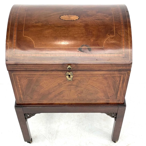 739 - A late George III mahogany cellarette on a stand. The domed top with satinwood crossbanding and boxw... 