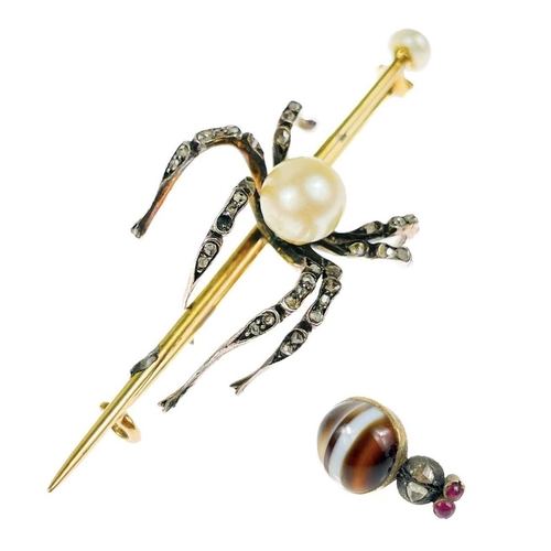 186 - A Victorian gold diamond and pearl set spider bar brooch. The applied spider with pearl body and sev... 