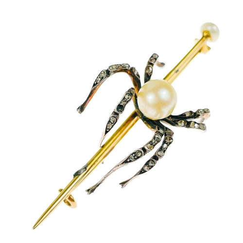 186 - A Victorian gold diamond and pearl set spider bar brooch. The applied spider with pearl body and sev... 