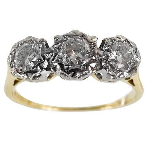 230 - An 18ct white and yellow gold certified VS1-2 diamond three stone ring. Colour grade I-J, the round ... 