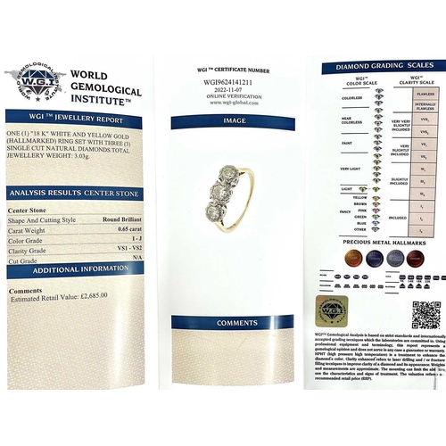 230 - An 18ct white and yellow gold certified VS1-2 diamond three stone ring. Colour grade I-J, the round ... 