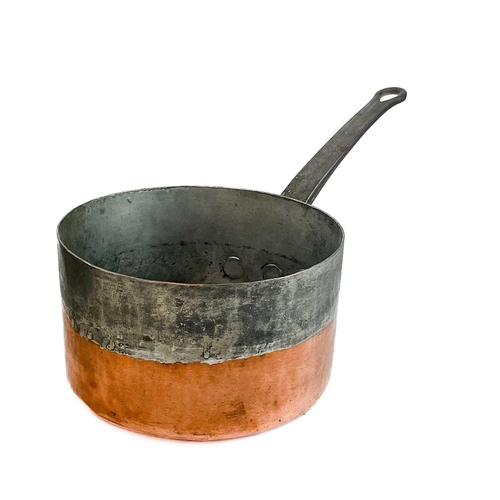 16 - A Victorian copper saucepan. With iron handle, width 36.5cm, together with an oak box, a small pewte... 