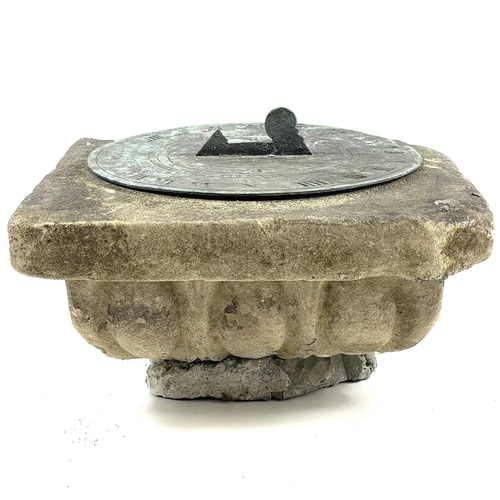 284 - A bronze sundial on a sandstone plinth. The 20.2cm diameter dial signed J Hawley and dated 1794, hei... 