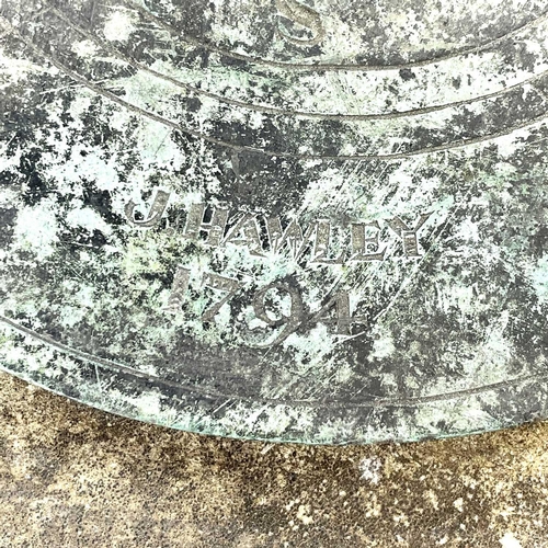 284 - A bronze sundial on a sandstone plinth. The 20.2cm diameter dial signed J Hawley and dated 1794, hei... 