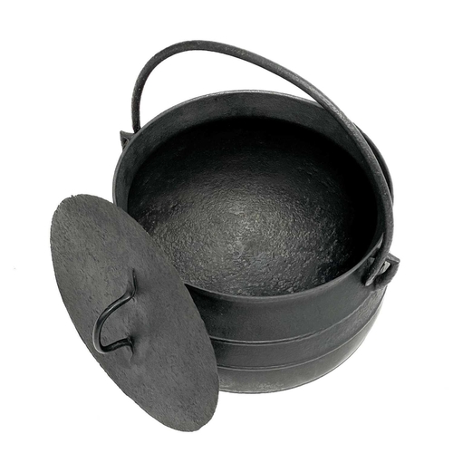 4 - A cast iron cooking cauldron and cover. 19th century, with swing handle, and three peg feet, diamete... 