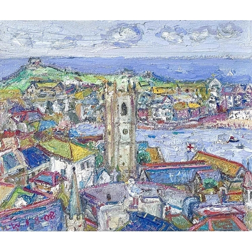 104 - Linda Mary WEIR (1951) Precious Town St Ives, Little Grey Clouds Oil on canvas, initialed and dated ... 